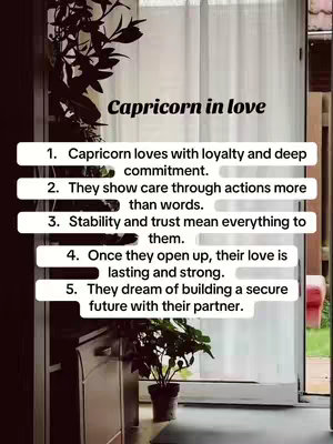 The image is split into two main sections: the background, showing an indoor scene with a window and some greenery, and the foreground, which consists of a set of white, rectangular text containers that describe characteristics of Capricorns in love. Text displays numbered bullet points with a black font. A window and a hint of the outside world providing a backdrop for highlighted text.