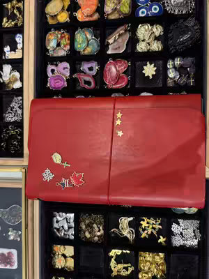 The cover image shows a close-up view of a red leather clutch bag, positioned in the center of the frame, with various jewelry pieces displayed in small, black-squared compartments above and below it. The jewelry includes colorful, decorative stones and pendants. Several small, gold decorative elements are adhered to the red clutch. The composition is well-lit, highlighting the textures and details of both the bag and the jewelry.