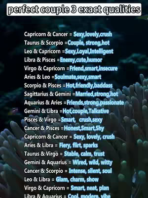 The image has a blue/green background, possibly underwater. It is overlaid with a list of zodiac sign pairings and associated qualities arranged in a grid format. The top of the image has text in large text. The font appears to be a simple sans-serif style, and the text is white against various colored backgrounds. The lighting seems to be soft and diffused, creating a calm atmosphere.