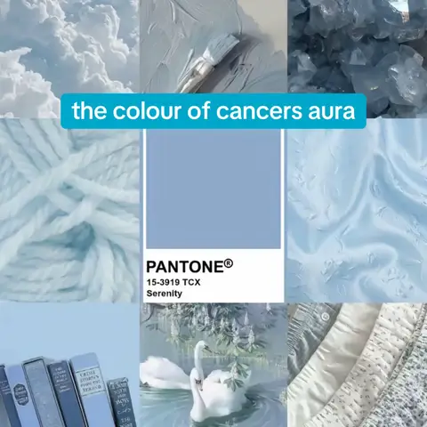 An image collage featuring various light blue and white elements, including a blue sky, a swatch of what seems to be paint, a paintbrush, and crystals, all arranged around a central Pantone color swatch labeled 'Serenity'. Additional images show yarn, fabric, books, swans, and another fabric, all in a calming color palette.