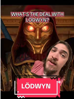 The cover image features a split-screen composition. The top portion shows a rendered character wearing a golden mask and a red hooded attire, appearing to be in a game or cinematic scene. The bottom half displays a selfie of a man with a beard, talking to the camera. Two text overlays say: "What's the deal with Lodwyn?" and "Lodwyn."