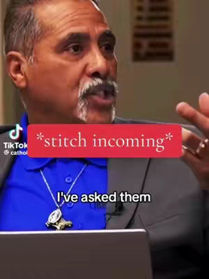 The image shows a man with a gray mustache and a blue shirt looking towards the right, as if in a conversation. Overlayed on the image is a red banner with the text *stitch incoming* in a white font. At the bottom, centered, there is some text : "I've asked them". The TikTok logo and the creator's name are at the bottom-left of the image.