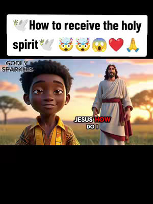 The image is divided into different sections. In the upper section, there is text overlayed against a black background with white text and dove icons. Below this shows an animated scene with two main figures. The first figure is a young dark-skinned boy with a smiling expression, situated on the left. The second figure on the right appears to be Jesus, with a long beard, long hair, wearing a neutral-colored robe with a red sash. The backdrop shows a nature setting.