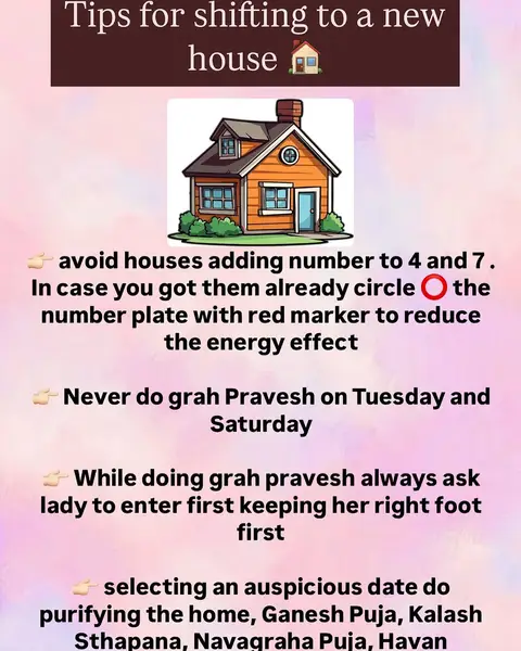 The image is a vertical graphic with a pastel pink and lavender gradient background. A brown rectangular banner at the top displays the text 'Tips for shifting to a new house' with an image of a house icon next to it. Below this are bullet-pointed tips in black text. An illustration of an orange house with a brown roof is at the image's center, just below the title.
