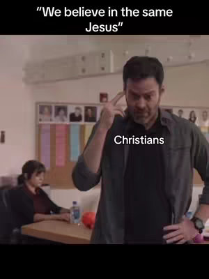 The cover image features a scene inside a room, likely an office or classroom. In the foreground, a man is making a gesture with his finger near his head, looking thoughtful. Above him, text reads We believe in the same Jesus. Below the man, the word Christians is overlayed. In the background, a blurred figure of a woman is seen.