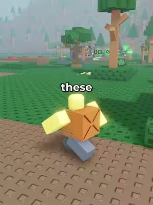A Roblox character walks along a brown brick path. The background shows a green, blocky landscape and trees. Overlaid on the image is the word 'these'.