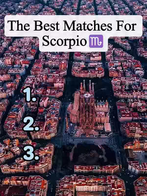An aerial view of a city, likely Barcelona, filled with buildings, with a text overlay at the top. The overlay features a white background with black text, reading 'The Best Matches For Scorpio' with the Scorpio zodiac symbol. Below the text are three numbered indicators, 1, 2, and 3, in a vertical line, suggesting a top-three list or ranking. The city has a dense layout with dark roads and various buildings, dominated by the Sagrada Familia church in the center.