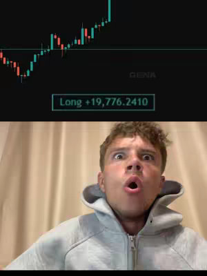 The cover image shows a young man looking extremely shocked, with wide eyes and his mouth open in an 'O' shape. Behind him is a dark screen with a candlestick chart showing a sharp increase, and a box near the screen says 'Long +19,776.2410'.