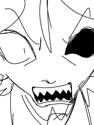 Close-up sketch of a face with exaggerated features. One eye is wide open, the other is a solid black. The mouth is open with sharp teeth, and the whole image has a sketchy, bold outline style, with black and white color scheme.
