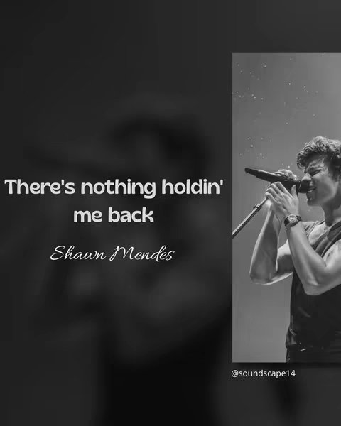 A monochrome image features a half-body shot of Shawn Mendes, singing into a microphone on the right side, with a dark background. White text overlays on the left side display lyrics and the artist's name. The image is divided diagonally, with brighter lighting on the right where Mendes is, and darker on the left, with the text fading into the darkness.