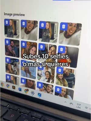 The cover image shows a laptop screen displaying an application's image preview interface with multiple selfies. Overlayed on the image is a text box stating "Subes 10 selfies o más si quieres". A keyboard and part of the laptop frame are also visible.