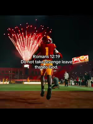 A football player in a red and gold uniform is mid-air with a burst of red fireworks in the background. Text overlays read a Bible verse.