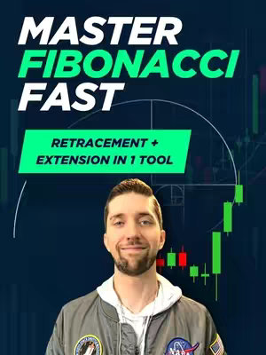 A cover image featuring a smiling man with light skin, wearing a gray bomber jacket over a white hooded sweatshirt. The man is positioned in front of a dark blue background with stylized green and red bar chart graphics and a faded golden ratio diagram. The upper portion of the image contains white and bright green text, 'MASTER FIBONACCI FAST' and 'RETRACEMENT + EXTENSION IN 1 TOOL'.