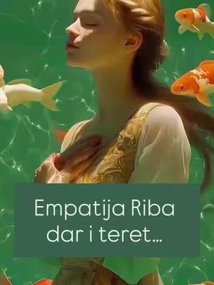 An AI-generated image showing a woman with red hair and a flowing white dress underwater, surrounded by fish. The background is a light green with bubbles. A text overlay reads 'Empatija Riba dar i teret...'