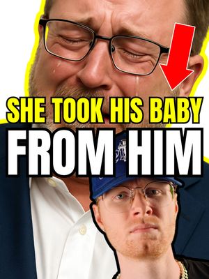 The cover image shows two men, one crying with eyeglasses is in the top of the image and the other man is looking at the camera. In the center of the image is a hook text written in large letters: 'SHE TOOK HIS BABY FROM HIM'. There is a large red arrow that points to the face of the sad man. The background of the image is a yellow color.
