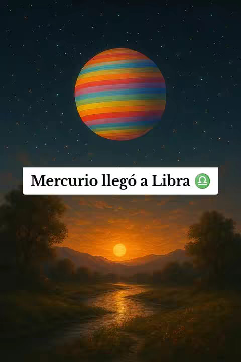 An image depicting a spiritual scene, with a gradient planet that has a rainbow color scheme.  The top half is a dark, starry sky. The lower half is a landscape with a river, trees, mountains and a setting sun, with a text overlay that reads 'Mercurio llego a Libra'.
