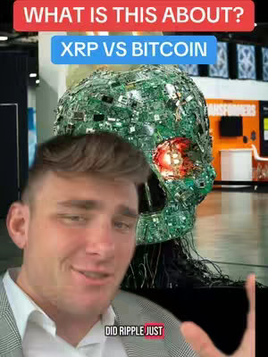 A man smiles in front of a green sculpture made of circuit boards, with text overlays indicating a discussion about XRP and Bitcoin, hinting at a potential conflict between the two cryptocurrencies.