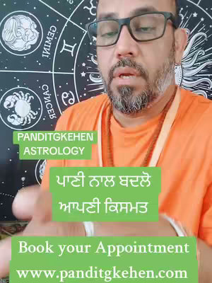 The cover image shows a middle-aged man with a beard wearing glasses, an orange shirt, and a string of beads. He is positioned in front of a backdrop that features a circular astrological chart with zodiac symbols. The foreground has green rectangular boxes with white text overlaid. One box contains the name Panditgkehen, and an astrology-related message in Punjabi. The other box includes a call to action to book an appointment and a website address.