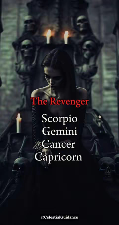 A gothic-themed image featuring a woman in a dark setting. She sits on a throne with skeletal-like decorations, surrounded by candles and skulls. Text overlays list astrological signs associated with 'The Revenger'.