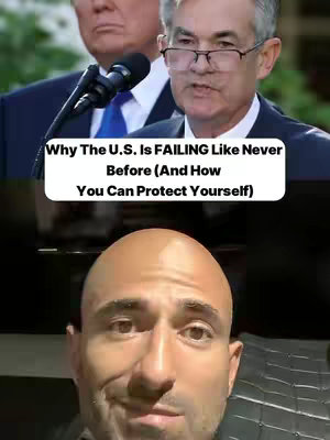 The cover image is a split screen. The top portion features a composite of two men: Donald Trump in a suit behind a microphone and Jerome Powell speaking at a podium, both from news footage. The bottom portion shows a closeup of a bald man with a concerned expression. The text overlay is in a white rectangular box and features capitalized text.