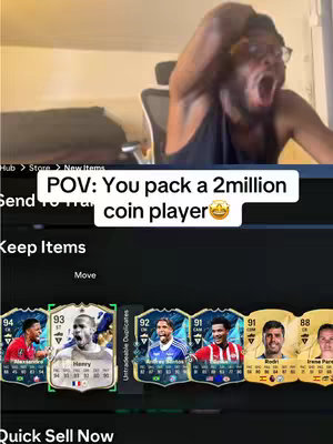 The image shows a man with glasses reacting excitedly to an unseen event, with one arm raised and mouth wide open. In the foreground is a display of trading cards with multiple cards. A text overlay reads POV: You pack a 2million coin player. The color palette includes neutral tones with vibrant card images.