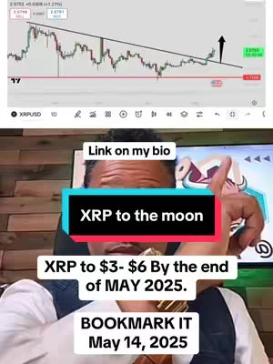 The cover image features a man in a business casual outfit, with financial charts displayed in the background. Overlaid on the image are attention-grabbing text elements forecasting XRP's potential value rise, alongside the call to action to bookmark a specific date.