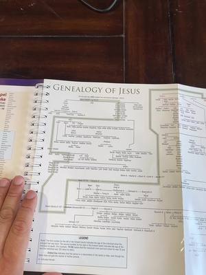 The image shows a spread from an open book. On the left page, there is a list, possibly a table of contents or references. The right page features a detailed diagram titled 'Genealogy of Jesus,' depicting family lineages with connected boxes and lines. The book is lying open on a dark wooden surface, and a hand is partially visible, holding the page open. The layout is clean and organized, with a focus on the text-heavy genealogy chart.
