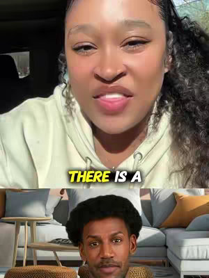 The image is split into two sections. The top half features a close-up of a woman with long, curly hair, wearing a light green hoodie. Text overlays her face in a yellow-outlined font, and she appears to be speaking with an open mouth. The bottom half shows a man with short, curly hair. He is wearing a patterned sweater, and is seated within what appears to be a home setting featuring a couch and wooden side table. The lighting appears natural.