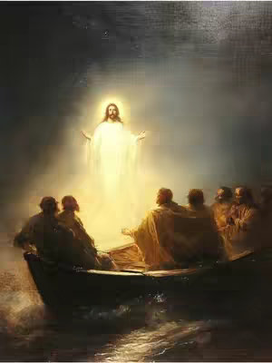 A painting of Jesus Christ standing with arms outstretched, radiating light. Around him are figures in a boat on a dark, stormy sea.