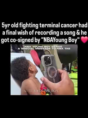 The image shows a young boy in a hospital bed. A person's hand holds a phone with a case, displaying a video call. Text overlays explain the situation, including a message from NBA YoungBoy.