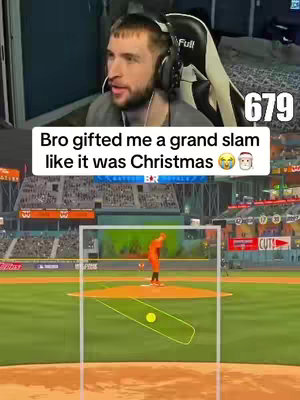 The image shows a streamer in the upper left corner reacting to a baseball game being played on a TV screen. A text overlay reads "Bro gifted me a grand slam like it was Christmas". The baseball field is in the foreground, the streamer watching at the top portion, with the number 679 behind him.