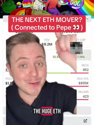 A man with fair skin stands in front of a smartphone screen displaying cryptocurrency market data. The man has short, light brown hair and is wearing a black collared shirt. Above him, a red banner reads, 'THE NEXT ETH MOVER?' with the text 'Connected to Pepe' in parentheses. A hand points at the screen.