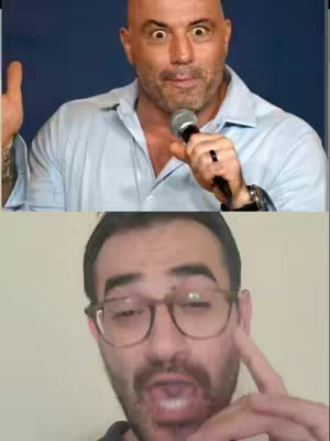 The cover image is split in two. The top half features a bald man with wide eyes and a surprised expression, holding a microphone. The background is a dark blue. The bottom half shows a man wearing glasses staring at the camera while pointing with his finger. The background is light yellow.