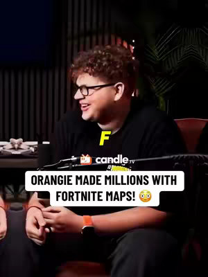 The cover image shows a man with curly hair and glasses, looking to his side and smiling. He is wearing a black t-shirt and an orange watch and has a text overlay that says: "ORANGIE MADE MILLIONS WITH FORTNITE MAPS!" The background is slightly blurred, suggesting an indoor setting, and there is a logo that looks like candle.tv.