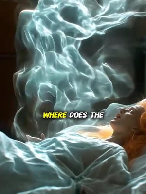A woman lies in bed, appearing asleep or in a trance, with a bright, ethereal cloud-like form hovering above her. The image suggests a spiritual theme, possibly exploring the afterlife or a dream state.