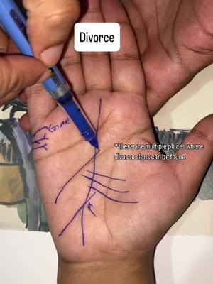 A close-up shot of a palm with lines drawn on it in blue ink, with a pen pointing at the palm. The background is of a watercolor painting.