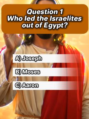 The cover image is a quiz question overlayed on a person with a bright yellow background. The question is presented in a rectangular brown banner. There are three possible answer choices listed below. The person in the picture is wearing a white robe with a red shawl draped over one shoulder.