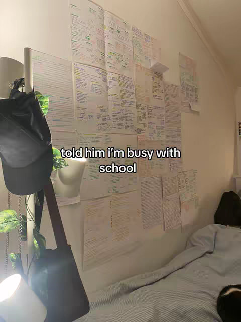 A person's bedroom wall is covered in handwritten notes and diagrams. Below the image, text overlay reads, "told him I'm busy with school".