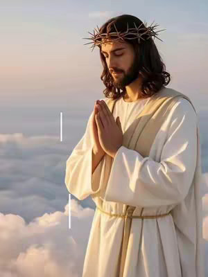 A digitally enhanced image depicting Jesus Christ in a serene pose. He is shown from the chest up, wearing a white robe with a tan sash and a crown of thorns. His hands are clasped in prayer, and his eyes are closed. The background is a soft, blurred depiction of clouds and a sunset, with a warm color palette dominating the scene. Two white lines add some graphical elements to the image.