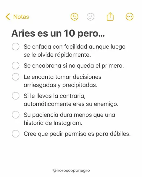 The cover image is a screenshot of a 'Notes' app, featuring light yellow background. The name is centered at the top, and there are three icons in the upper right corner. The main content is a list of Aries' traits, with each item next to a circle. The text is in Spanish.