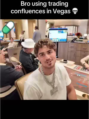 The cover image features a man in a white t-shirt, with a chain necklace and pendant, smiling at the camera. Behind him, a casino setting with tables, screens. The background has a pill-shaped green graphic. Text at the top says, 'Bro using trading confluences in Vegas' next to a skull emoji.