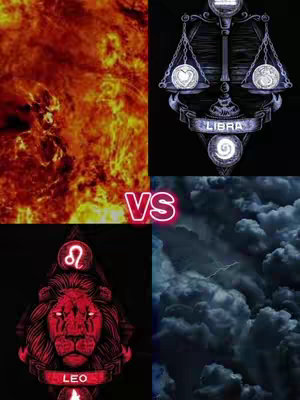 The cover image is a split composition featuring four distinct sections. The top left shows fiery red and orange hues suggesting heat and intensity. The top right quadrant depicts an illustrated scale with the caption 'LIBRA' below. The bottom left presents a red lion with the zodiac sign symbol and the word 'LEO' below, and the bottom right showcases a dark, cloudy background with lightning visible.