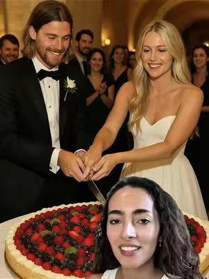 A split-screen image is composed of two planes. The top plane shows a wedding scene, with a man and woman holding a knife to cut a large, fruit-decorated cake. The bottom plane shows a woman's face.