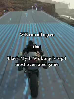 A still from a video game, featuring a first-person perspective on a road with a character riding a motorcycle. Text overlays provide commentary on the game.