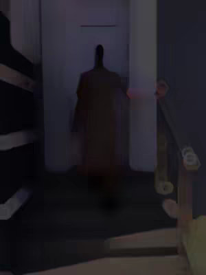 The image has a dark, blurry scene depicting a shadowy figure standing in a doorway with a person's hand in the frame.