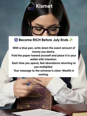 The image shows a woman with glasses holding a blue pen over a book. A text overlay in a white box with rounded corners provides instructions about attracting wealth, which includes writing down the desired amount and placing it in the wallet.