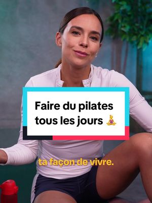 A woman with dark hair is the central focus, slightly angled towards the camera. She is wearing a white top, with a turquoise background and a box-shaped text overlay across part of her image. The text overlay has the words 'Faire du pilates' displayed in a bold, readable font, along with a depiction of a person meditating.