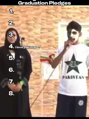 The image shows two individuals at a graduation ceremony. On the left, a person in a black outfit and head covering stands near a microphone. On the right, a person wearing a white shirt with a large star and the word "PAKISTAN" stands in front of a microphone and appears to be speaking or singing. Between the two, a list of numbers is visible.