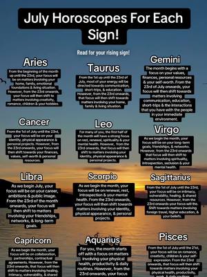The cover image is a poster listing monthly horoscopes for each zodiac sign. The layout features the title, 'July Horoscopes For Each Sign!' at the top, followed by the advice for each sign.