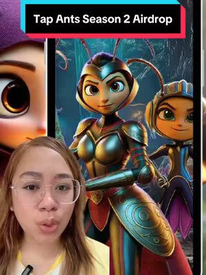 The image is a vertical split, with the creator on the left and a graphic on the right. The creator is a woman with glasses, looking at the camera with pursed lips. On the right, stylized animation of three female characters from Tap Ants game dressed in armor.